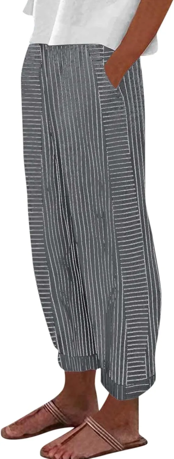 Women Linen Pants Sweat Drawstring Striped with Pockets- Lounge Trendy Trousers Gauze Pants Wide Leg for Women
