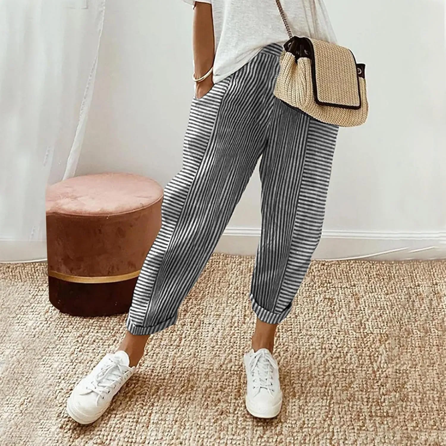 Women Linen Pants Sweat Drawstring Striped with Pockets- Lounge Trendy Trousers Gauze Pants Wide Leg for Women