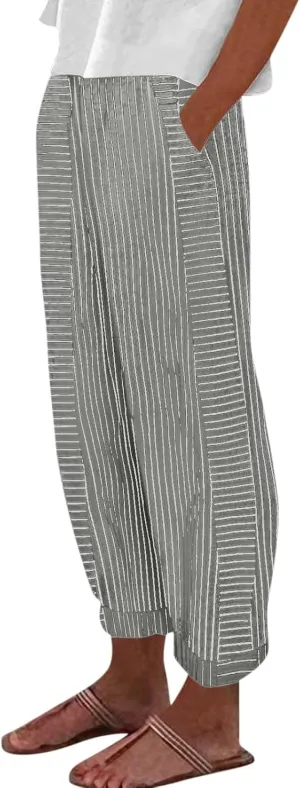 Women Linen Pants Sweat Drawstring Striped with Pockets- Lounge Trendy Trousers Gauze Pants Wide Leg for Women