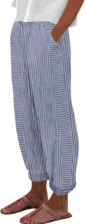 Women Linen Pants Sweat Drawstring Striped with Pockets- Lounge Trendy Trousers Gauze Pants Wide Leg for Women