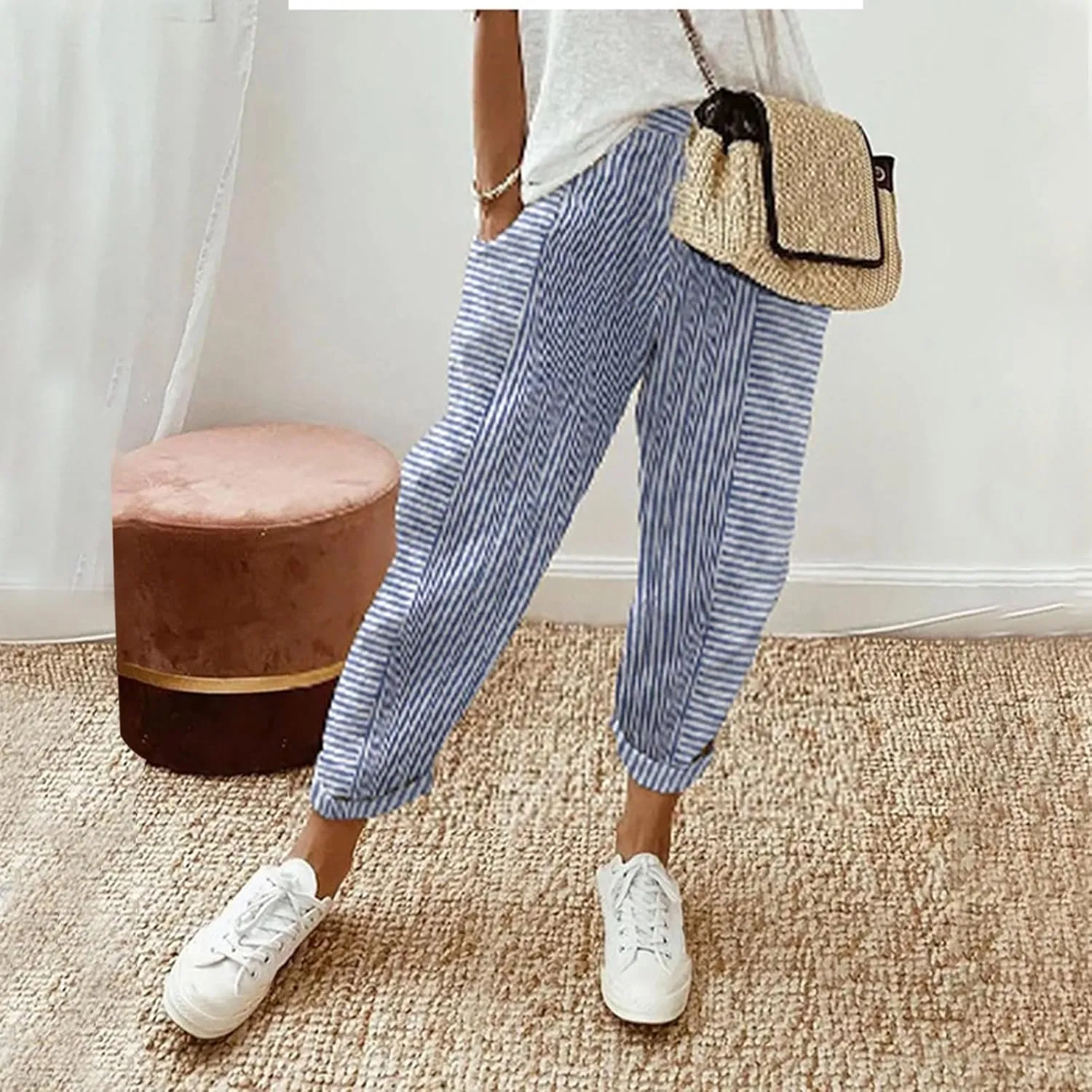 Women Linen Pants Sweat Drawstring Striped with Pockets- Lounge Trendy Trousers Gauze Pants Wide Leg for Women