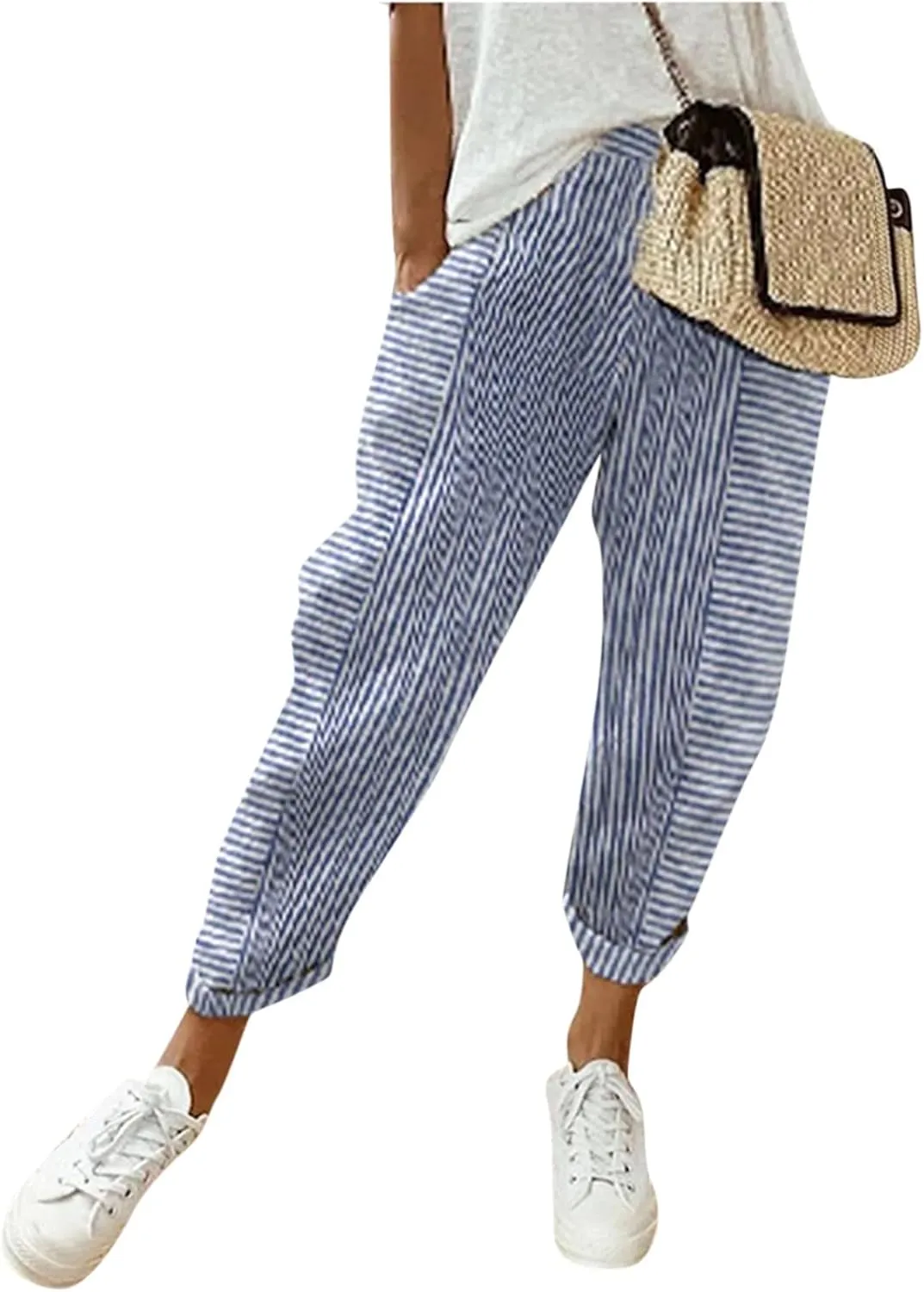 Women Linen Pants Sweat Drawstring Striped with Pockets- Lounge Trendy Trousers Gauze Pants Wide Leg for Women