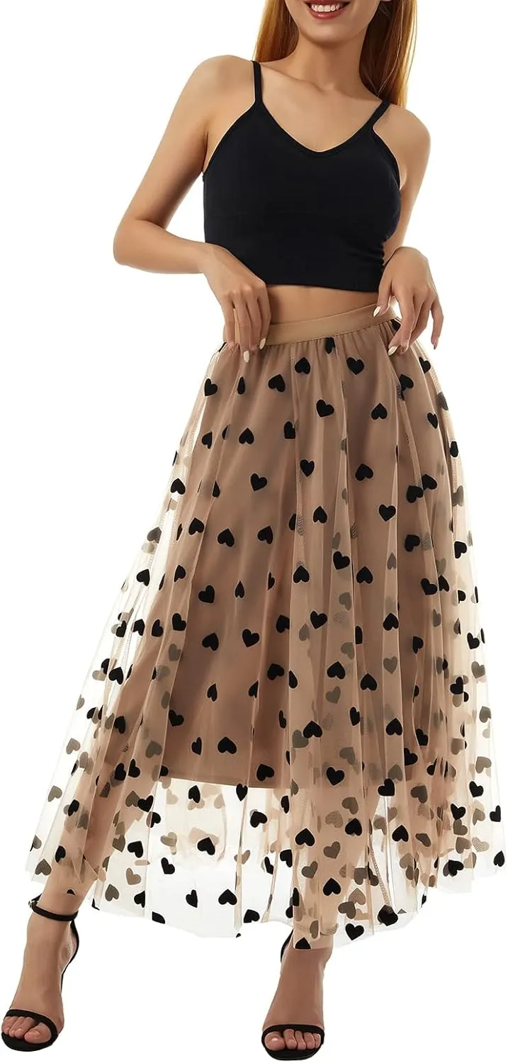 Women Mesh Tulle Long Skirt Heart Printed High Waist Elastic Tutu Skirts Fairy Layered A-Line Swing Midi Y2k Skirt