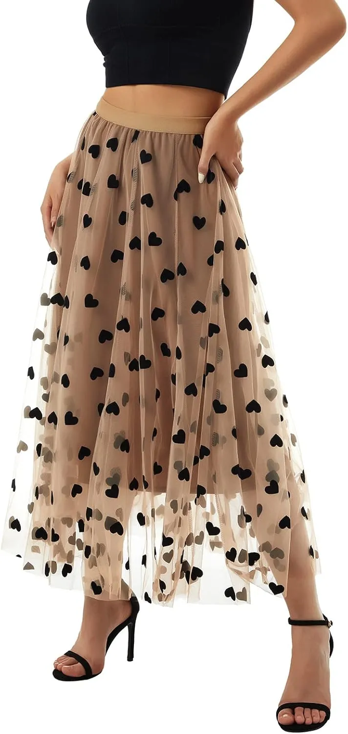 Women Mesh Tulle Long Skirt Heart Printed High Waist Elastic Tutu Skirts Fairy Layered A-Line Swing Midi Y2k Skirt