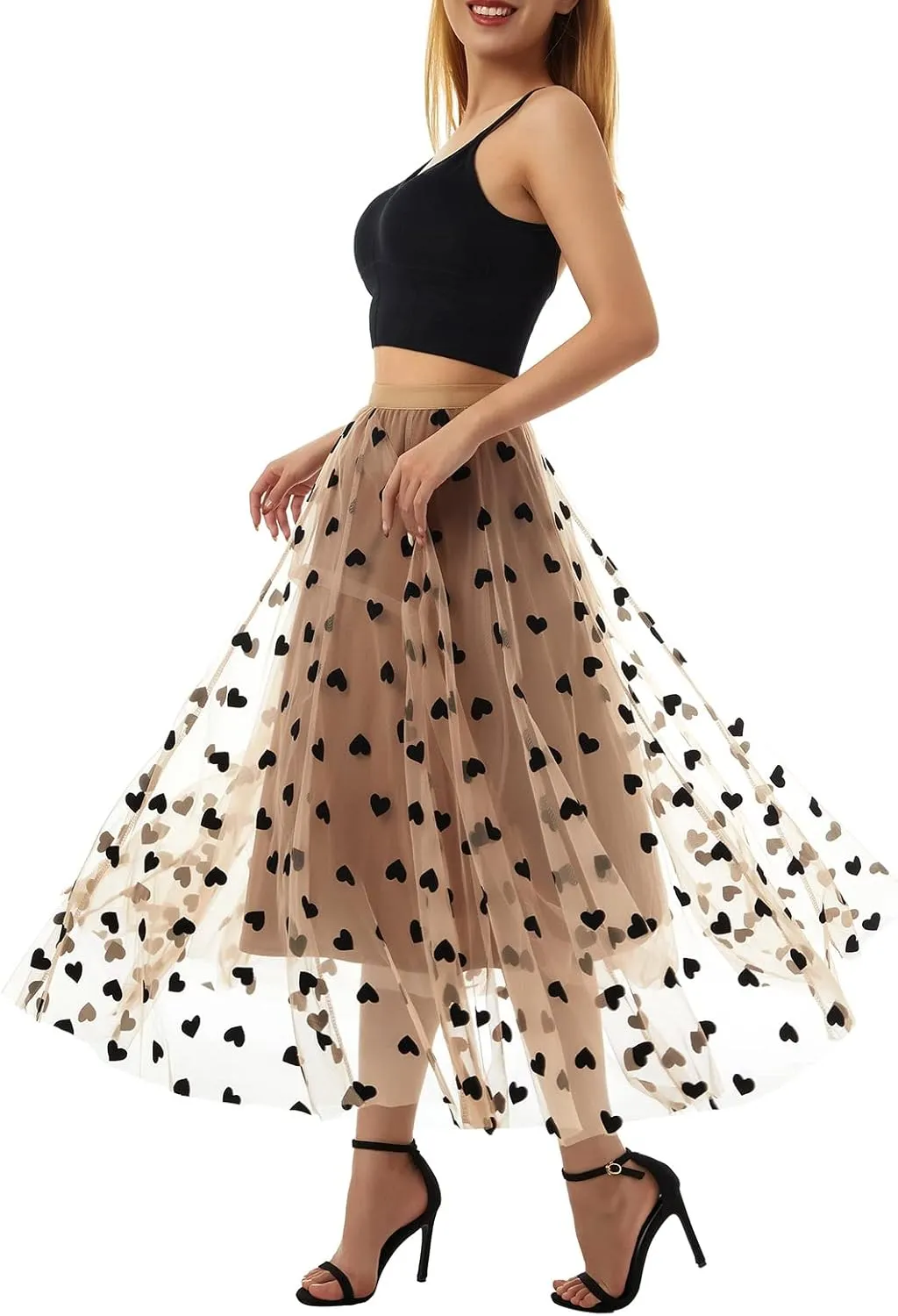 Women Mesh Tulle Long Skirt Heart Printed High Waist Elastic Tutu Skirts Fairy Layered A-Line Swing Midi Y2k Skirt