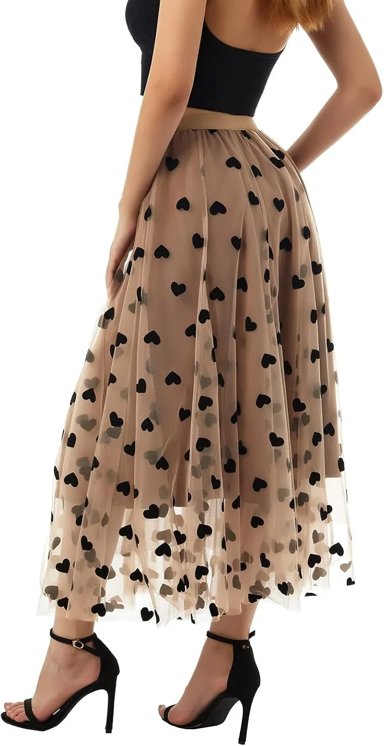 Women Mesh Tulle Long Skirt Heart Printed High Waist Elastic Tutu Skirts Fairy Layered A-Line Swing Midi Y2k Skirt