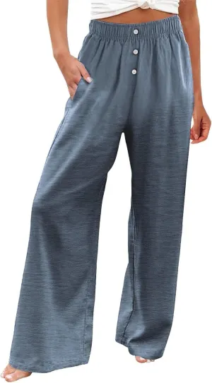 Women Smocked High Waist Straight Wide Leg Trousers Loose Fit Lounge Pants Pockets Linen Beach Flowy Dressy Palazzo