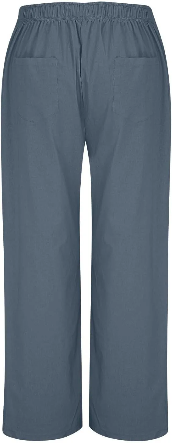 Women Smocked High Waist Straight Wide Leg Trousers Loose Fit Lounge Pants Pockets Linen Beach Flowy Dressy Palazzo
