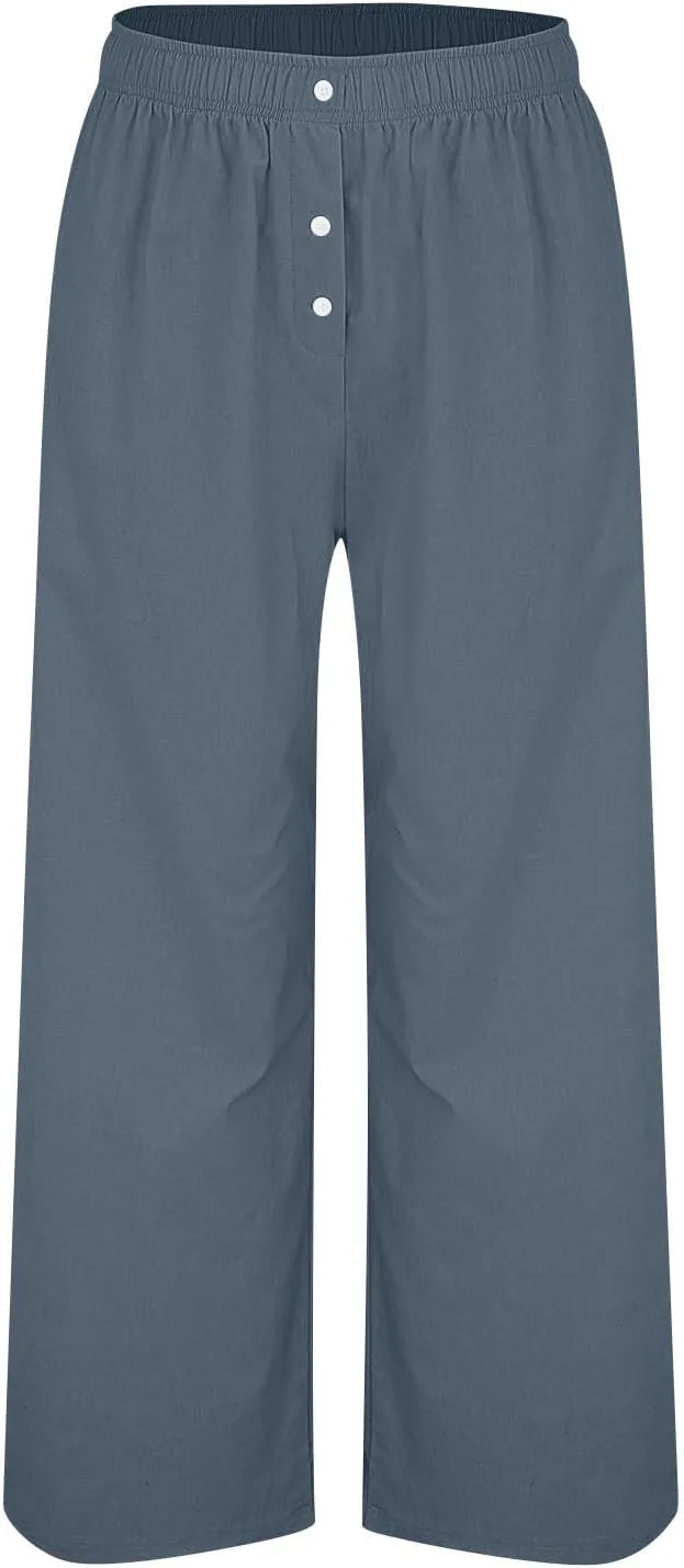 Women Smocked High Waist Straight Wide Leg Trousers Loose Fit Lounge Pants Pockets Linen Beach Flowy Dressy Palazzo