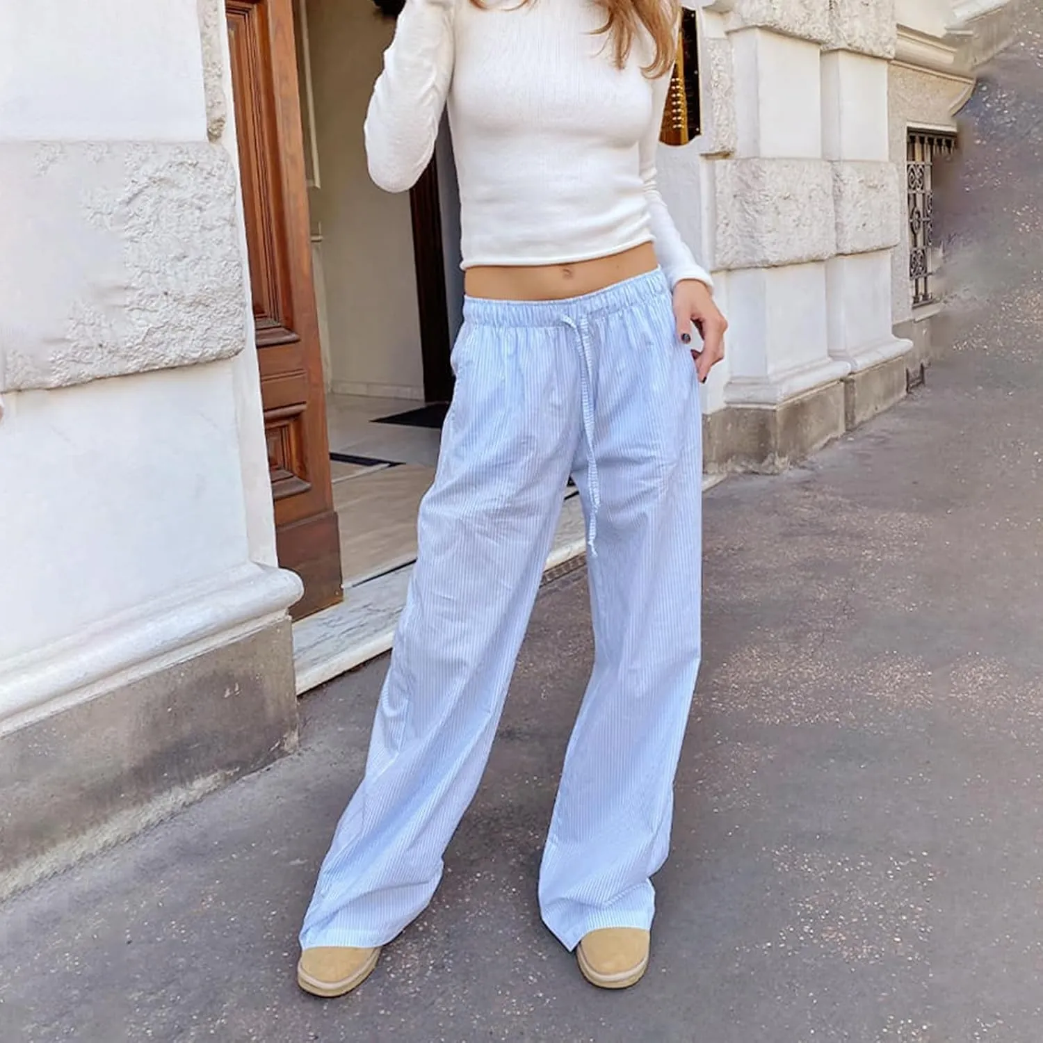 Women Y2k Striped Pants Pinstripe Wide Leg Long Pants High Waist Lounge Pants Straight Trousers Streetwear