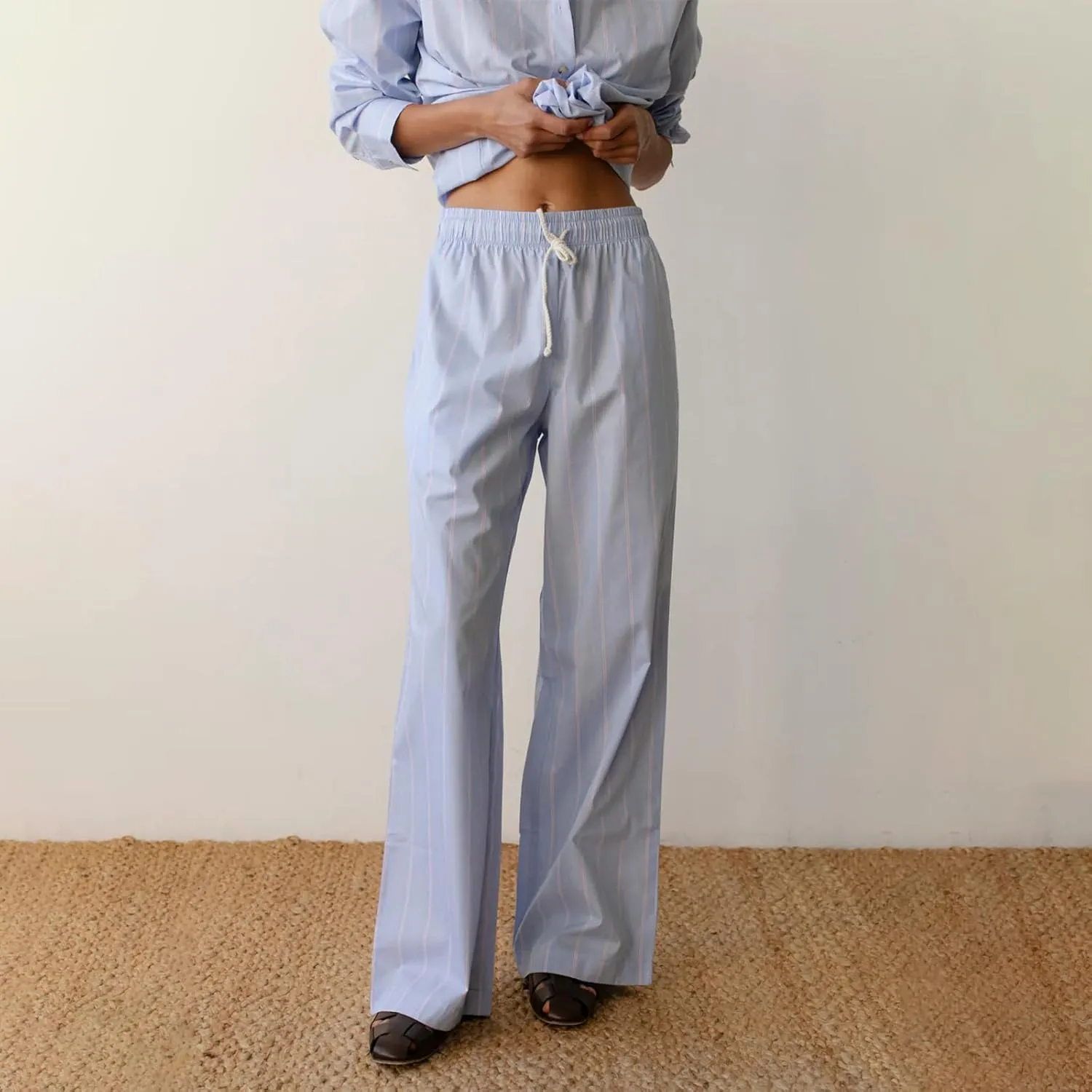 Women Y2k Striped Pants Pinstripe Wide Leg Long Pants High Waist Lounge Pants Straight Trousers Streetwear