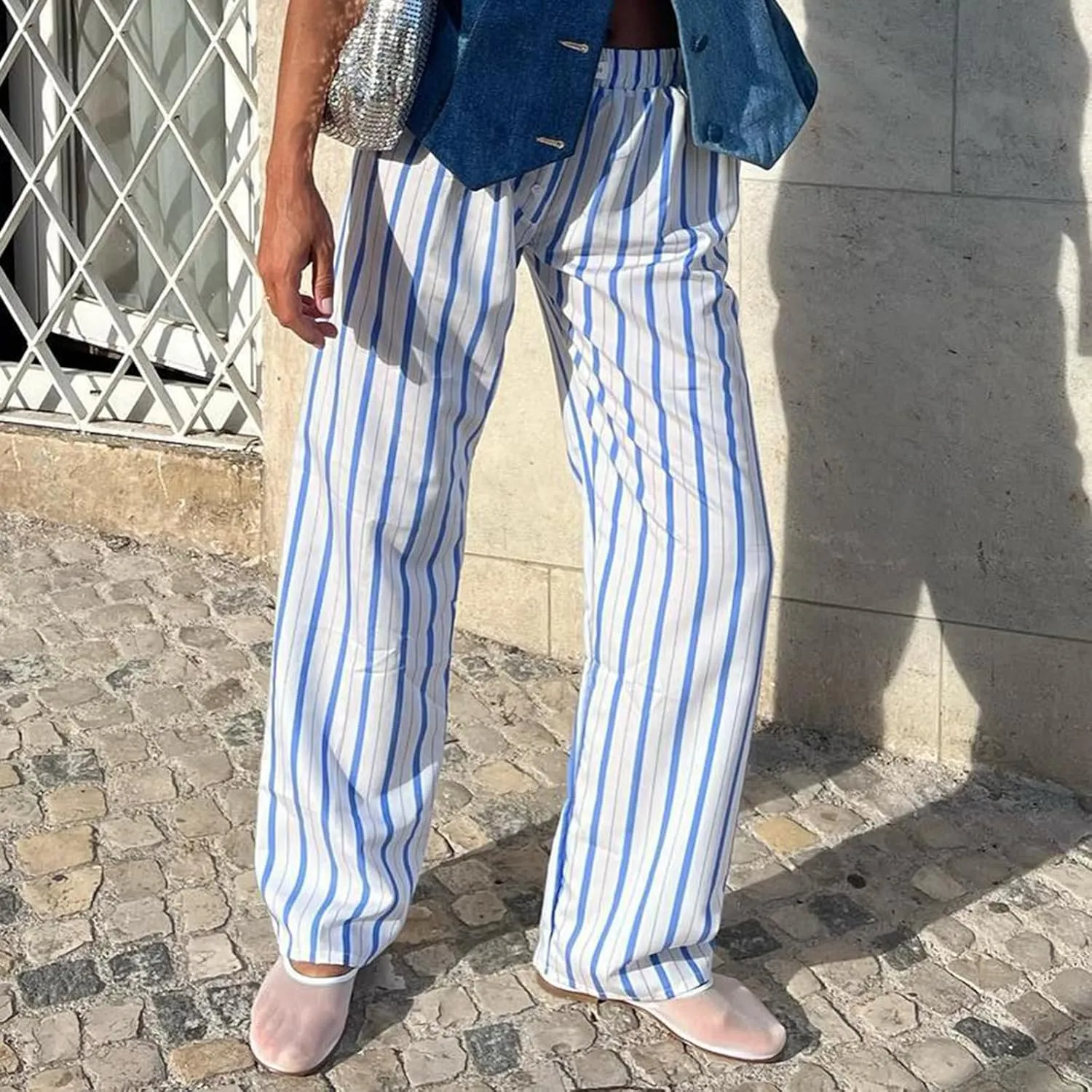 Women Y2k Striped Pants Pinstripe Wide Leg Long Pants High Waist Lounge Pants Straight Trousers Streetwear