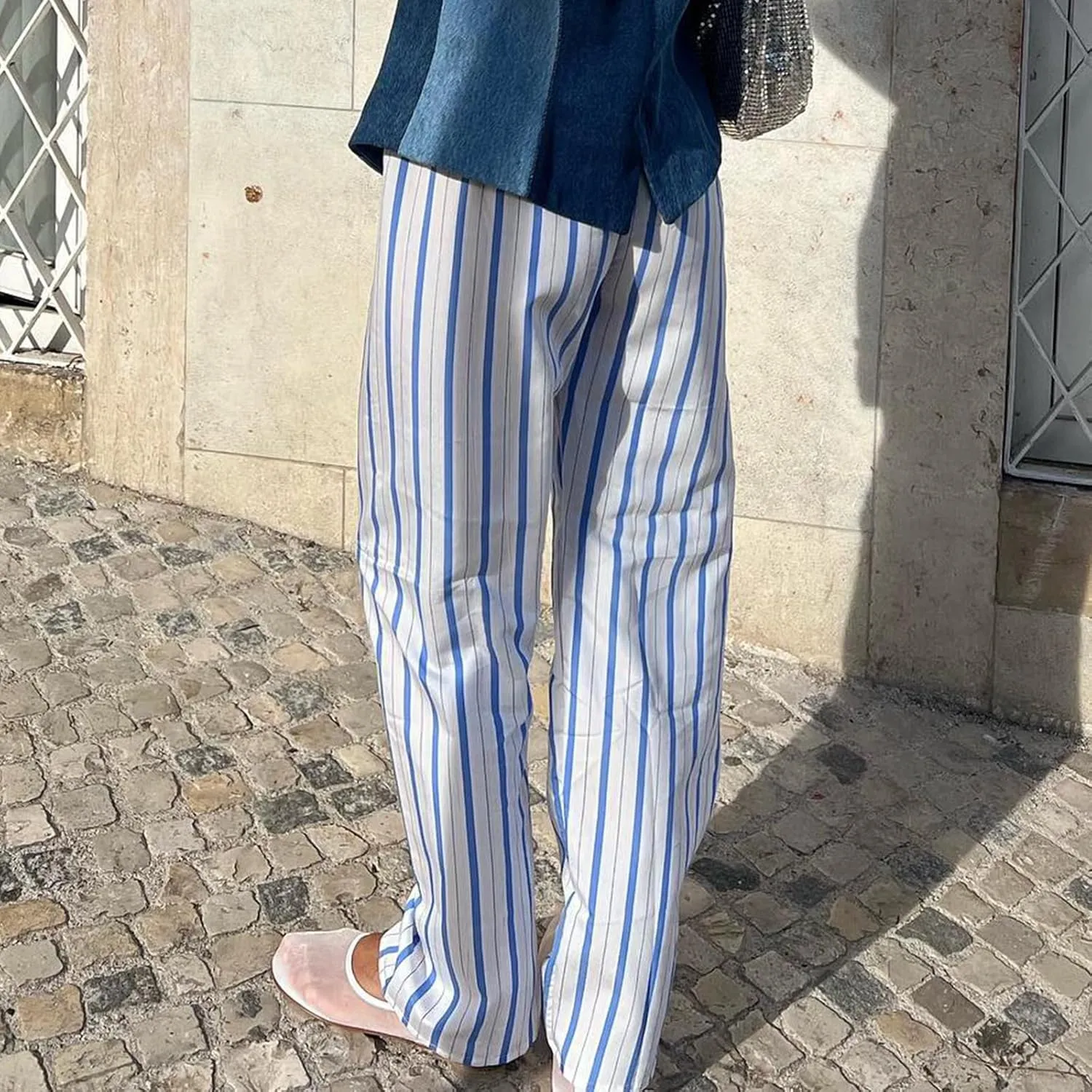 Women Y2k Striped Pants Pinstripe Wide Leg Long Pants High Waist Lounge Pants Straight Trousers Streetwear