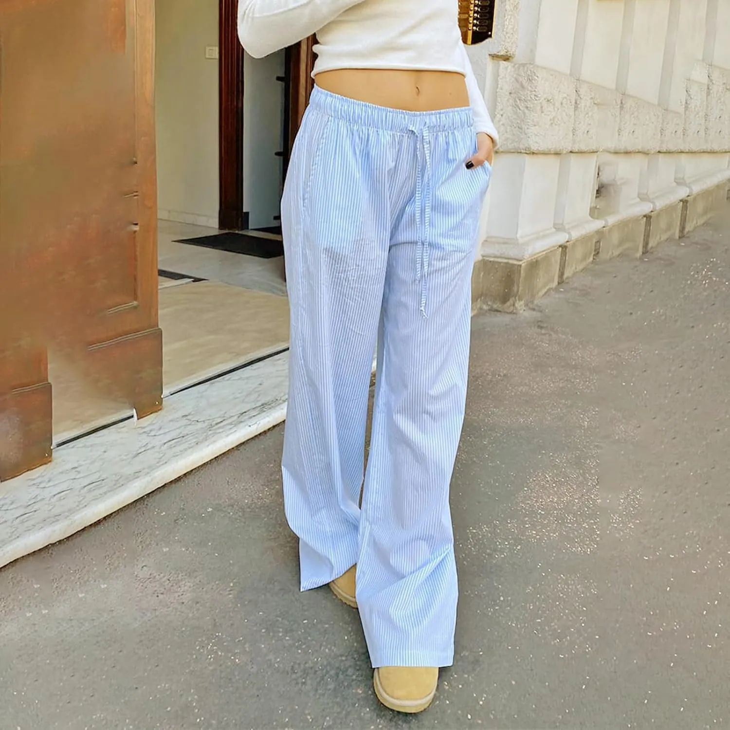 Women Y2k Striped Pants Pinstripe Wide Leg Long Pants High Waist Lounge Pants Straight Trousers Streetwear