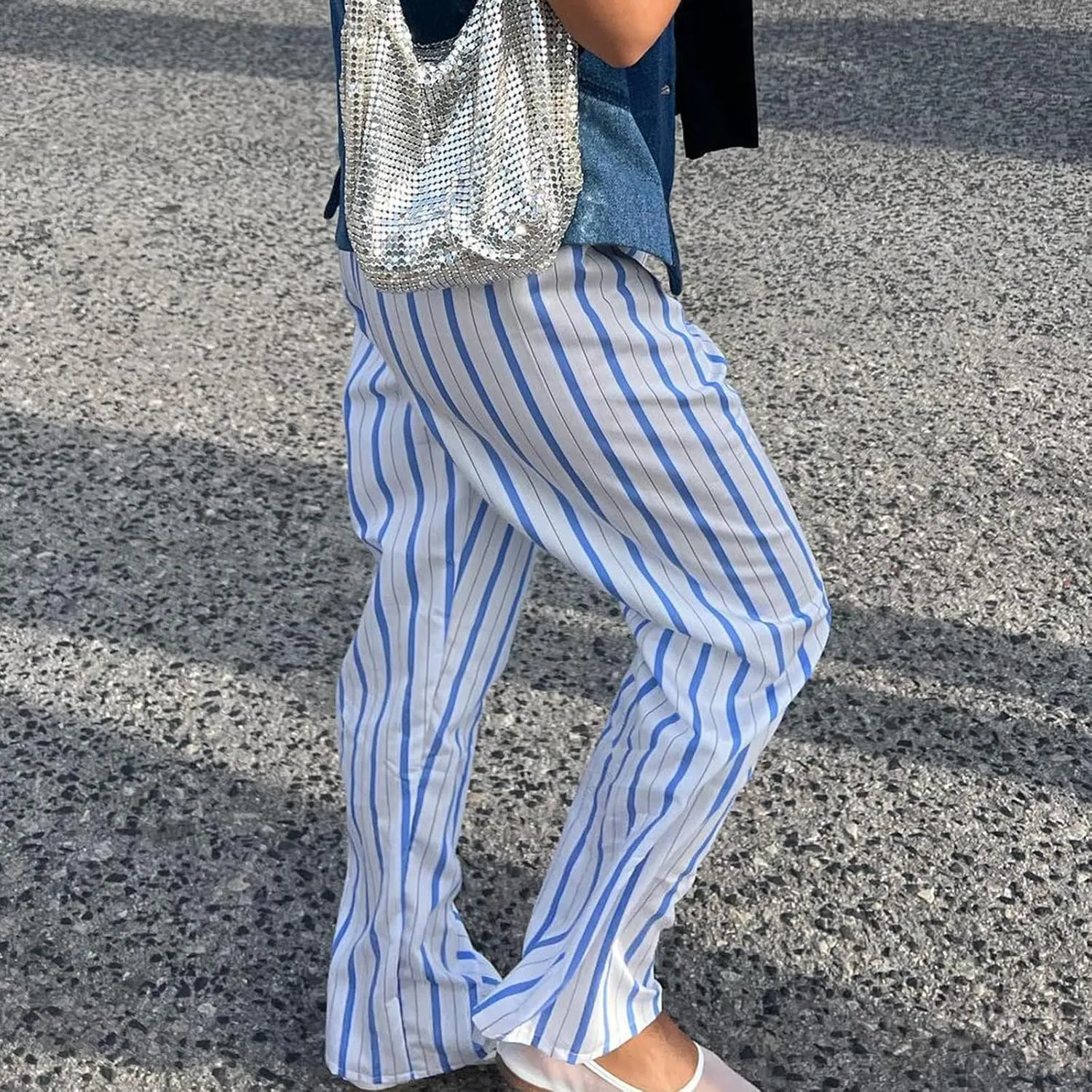 Women Y2k Striped Pants Pinstripe Wide Leg Long Pants High Waist Lounge Pants Straight Trousers Streetwear