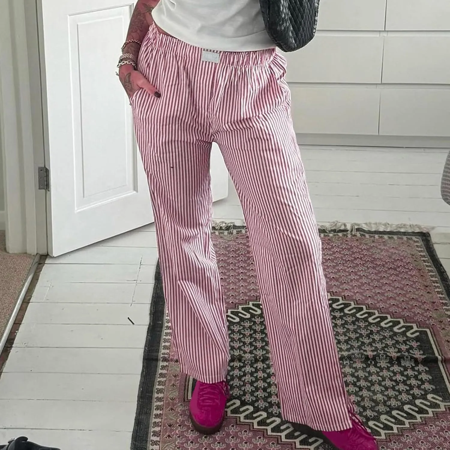 Women Y2k Striped Pants Pinstripe Wide Leg Long Pants High Waist Lounge Pants Straight Trousers Streetwear
