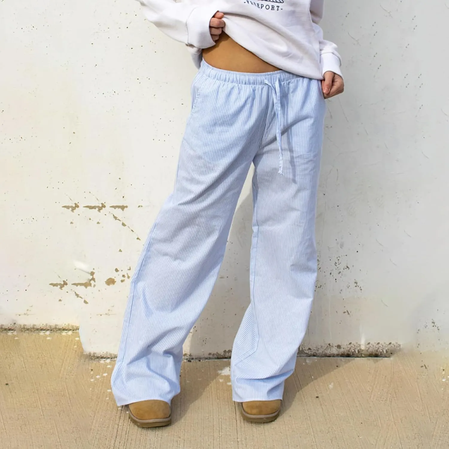 Women Y2k Striped Pants Pinstripe Wide Leg Long Pants High Waist Lounge Pants Straight Trousers Streetwear