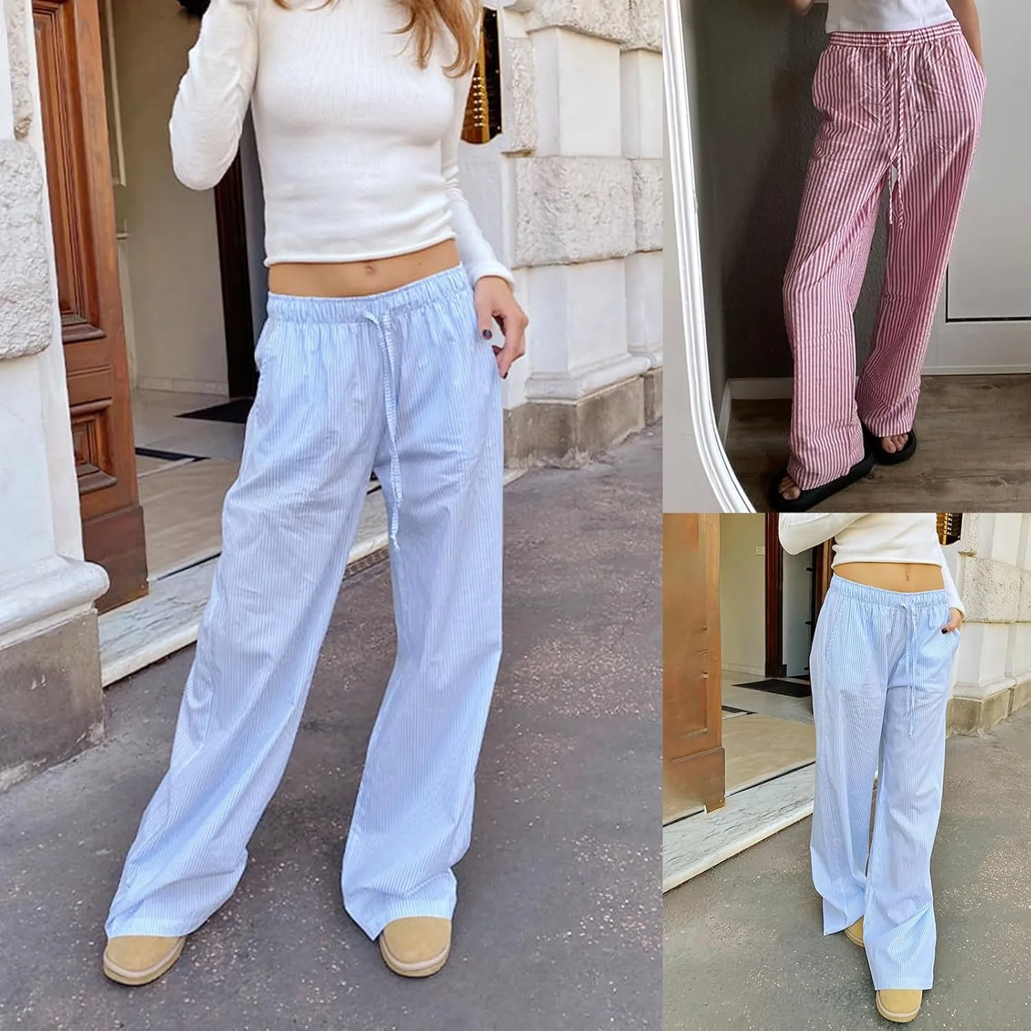 Women Y2k Striped Pants Pinstripe Wide Leg Long Pants High Waist Lounge Pants Straight Trousers Streetwear