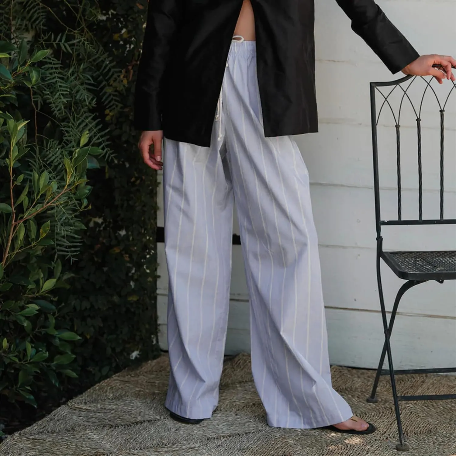 Women Y2k Striped Pants Pinstripe Wide Leg Long Pants High Waist Lounge Pants Straight Trousers Streetwear