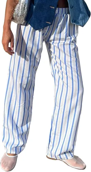 Women Y2k Striped Pants Pinstripe Wide Leg Long Pants High Waist Lounge Pants Straight Trousers Streetwear