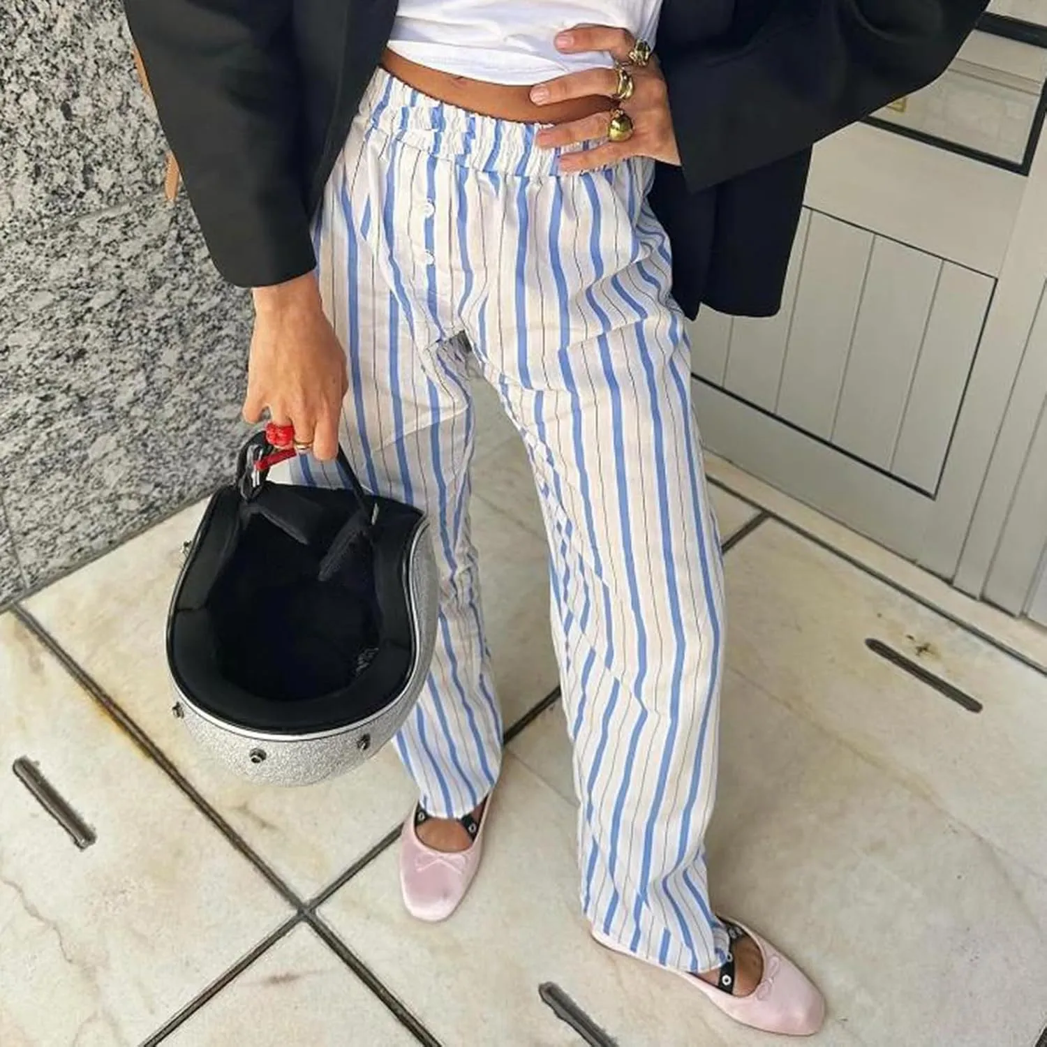 Women Y2k Striped Pants Pinstripe Wide Leg Long Pants High Waist Lounge Pants Straight Trousers Streetwear