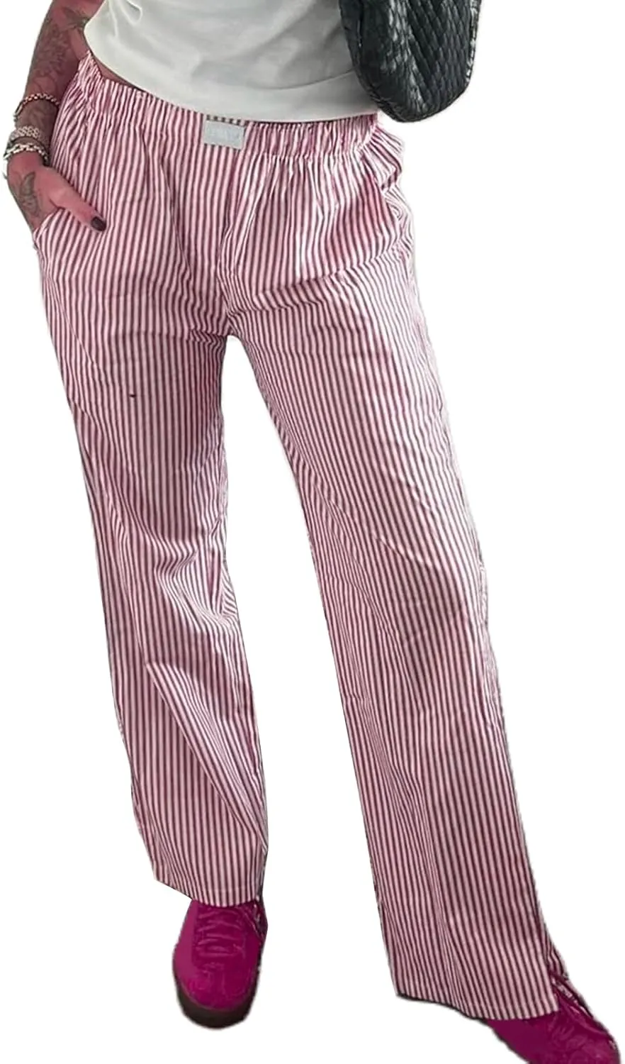 Women Y2k Striped Pants Pinstripe Wide Leg Long Pants High Waist Lounge Pants Straight Trousers Streetwear