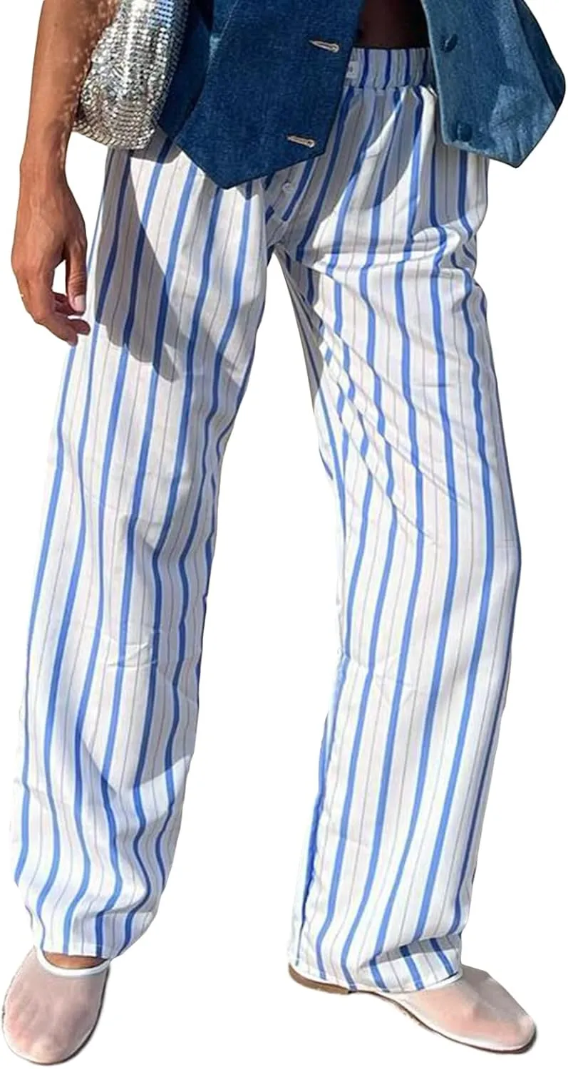 Women Y2k Striped Pants Pinstripe Wide Leg Long Pants High Waist Lounge Pants Straight Trousers Streetwear