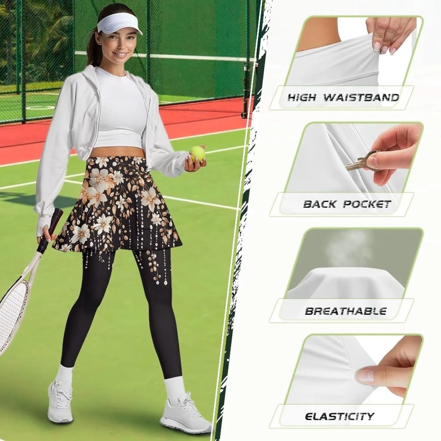 Women Yoga Skirted Leggings High Elasticity Active Skort Athletic Skapri with Back Pockets for Yoga,Pilates