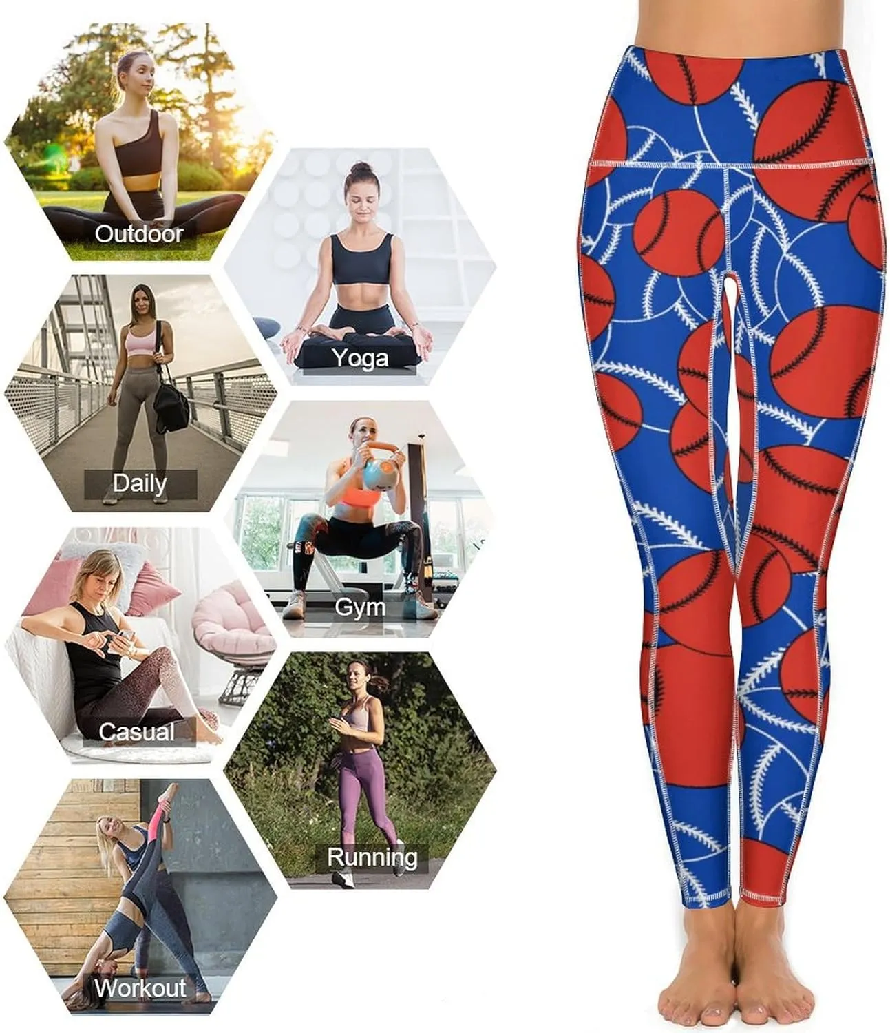 Women's Baseball High Waist Yoga Leggings with 2 Pockets Tummy Control Workout Yoga Pants
