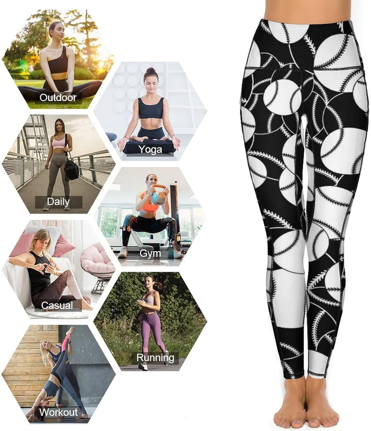 Women's Baseball High Waist Yoga Leggings with 2 Pockets Tummy Control Workout Yoga Pants