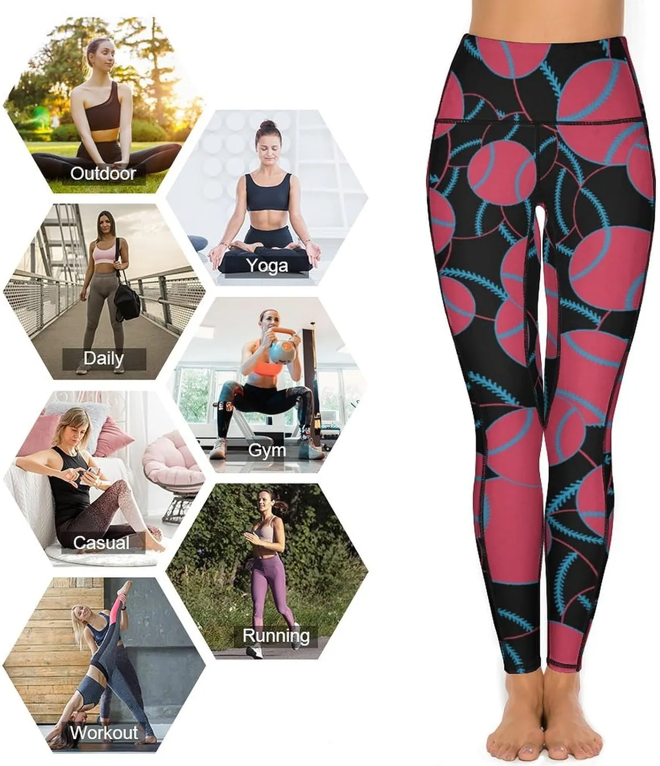Women's Baseball High Waist Yoga Leggings with 2 Pockets Tummy Control Workout Yoga Pants