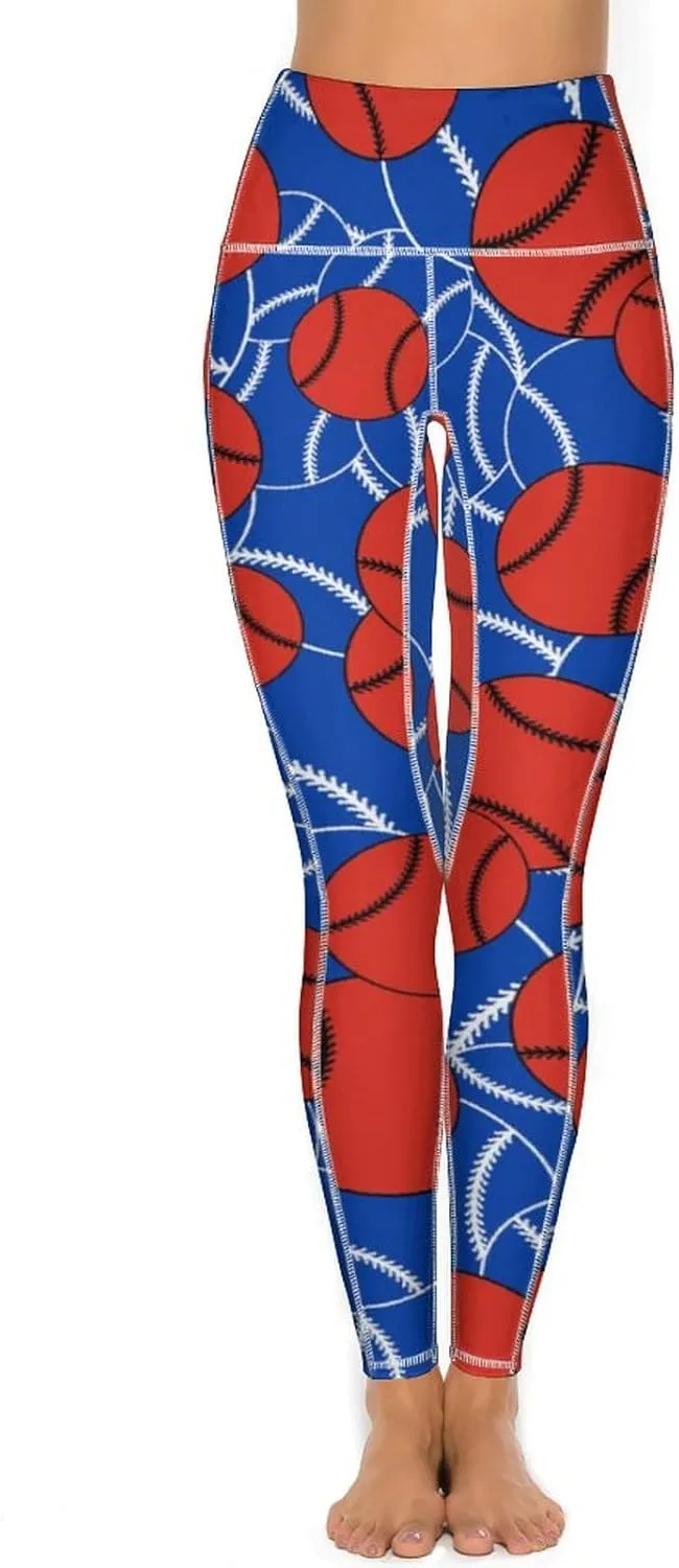 Women's Baseball High Waist Yoga Leggings with 2 Pockets Tummy Control Workout Yoga Pants