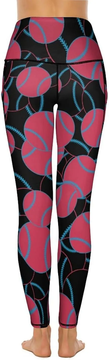 Women's Baseball High Waist Yoga Leggings with 2 Pockets Tummy Control Workout Yoga Pants