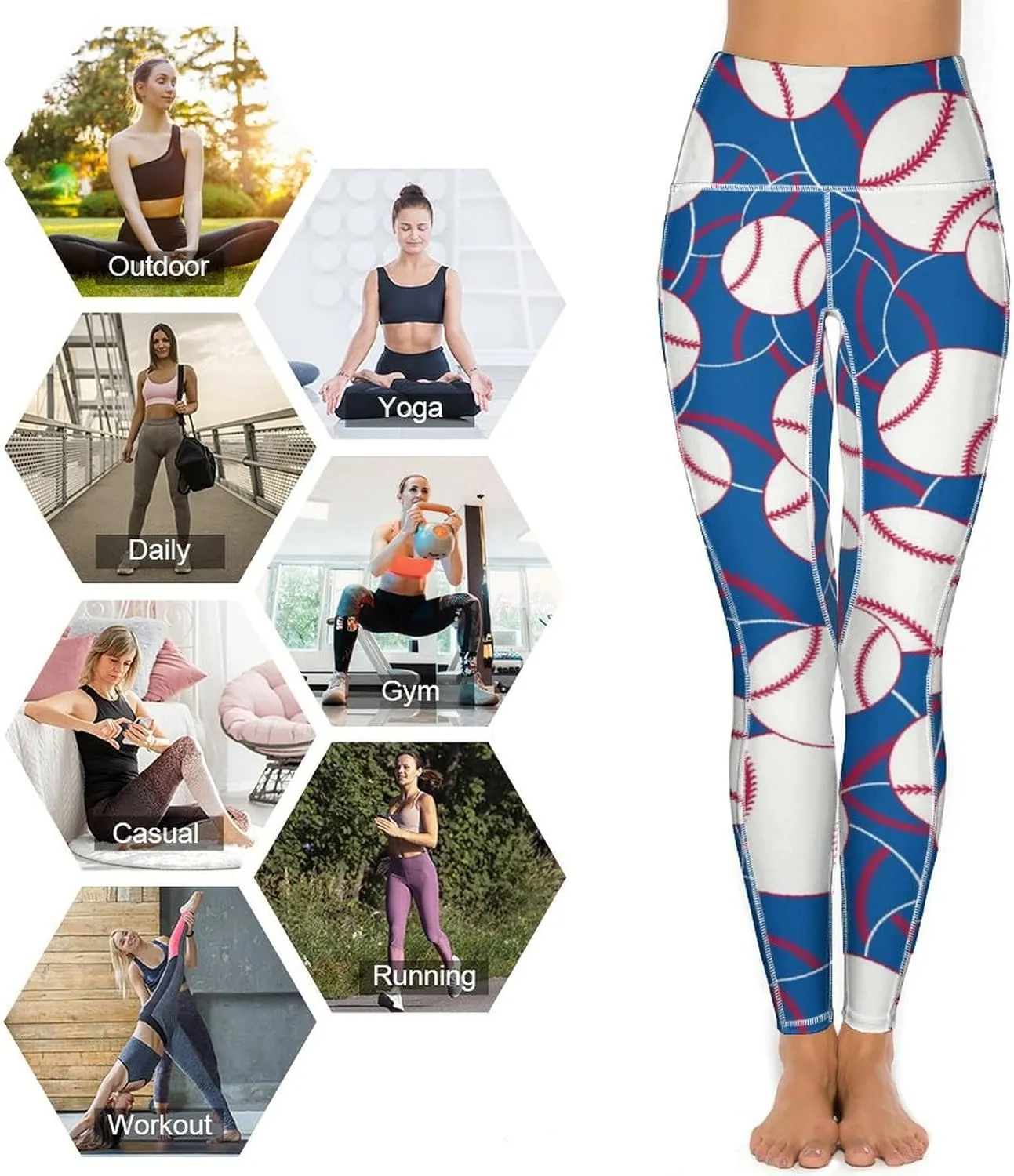 Women's Baseball High Waist Yoga Leggings with 2 Pockets Tummy Control Workout Yoga Pants