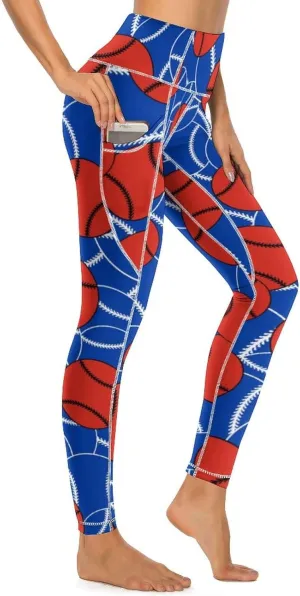 Women's Baseball High Waist Yoga Leggings with 2 Pockets Tummy Control Workout Yoga Pants