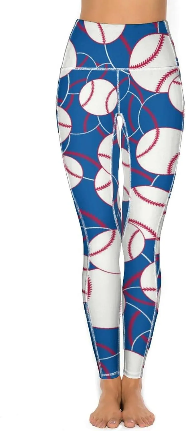 Women's Baseball High Waist Yoga Leggings with 2 Pockets Tummy Control Workout Yoga Pants