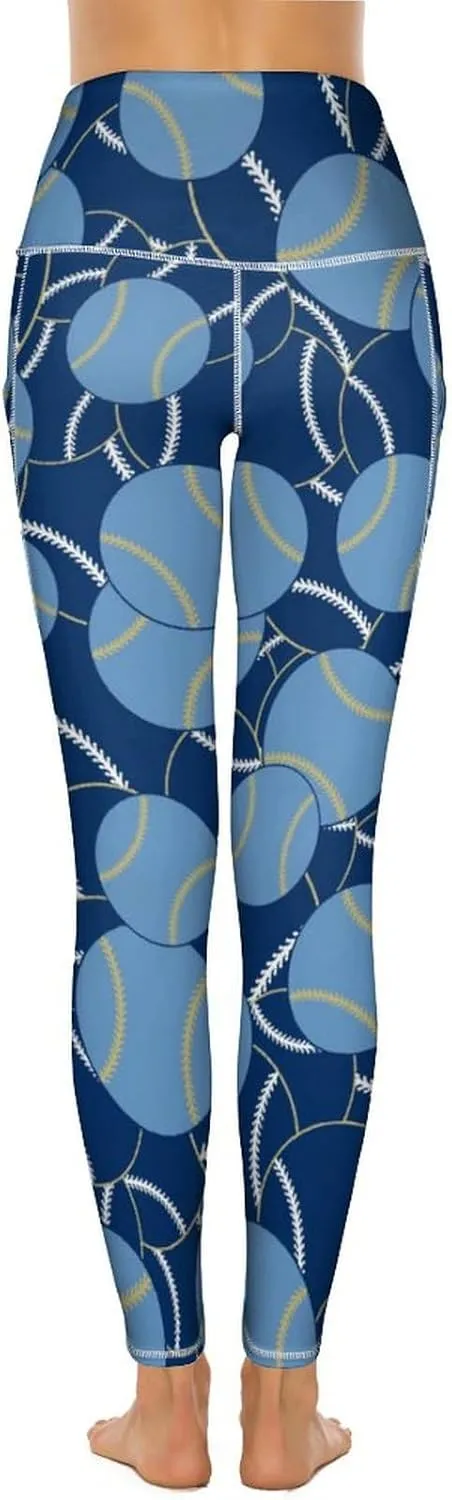 Women's Baseball High Waist Yoga Leggings with 2 Pockets Tummy Control Workout Yoga Pants