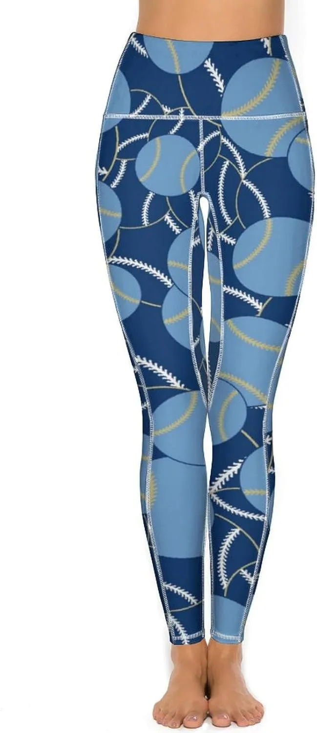 Women's Baseball High Waist Yoga Leggings with 2 Pockets Tummy Control Workout Yoga Pants