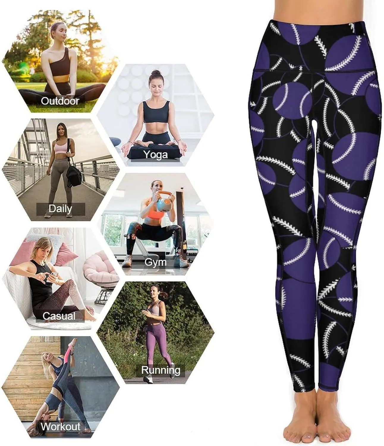 Women's Baseball High Waist Yoga Leggings with 2 Pockets Tummy Control Workout Yoga Pants