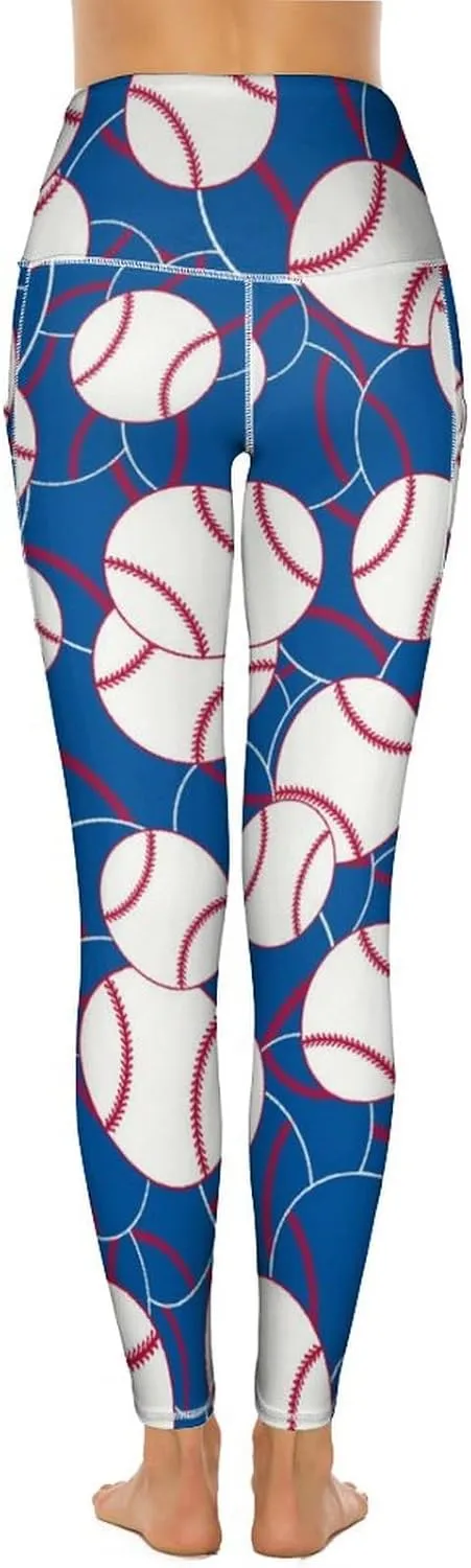 Women's Baseball High Waist Yoga Leggings with 2 Pockets Tummy Control Workout Yoga Pants