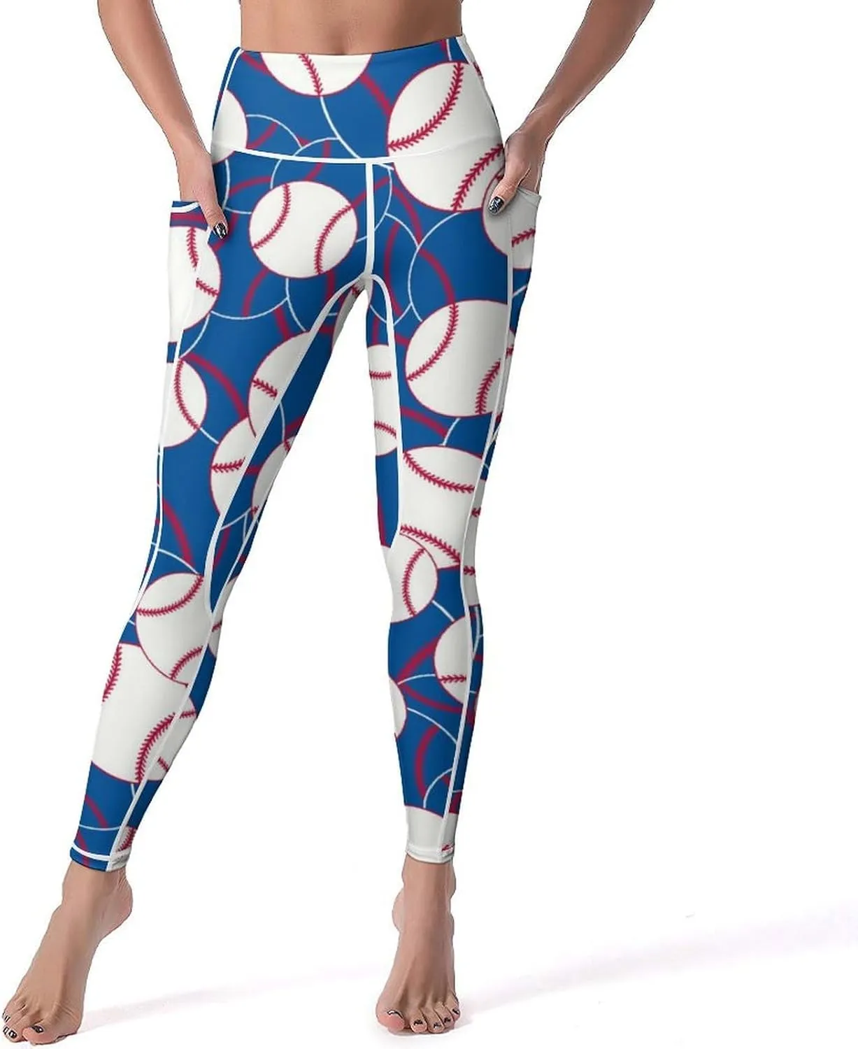 Women's Baseball High Waist Yoga Leggings with 2 Pockets Tummy Control Workout Yoga Pants