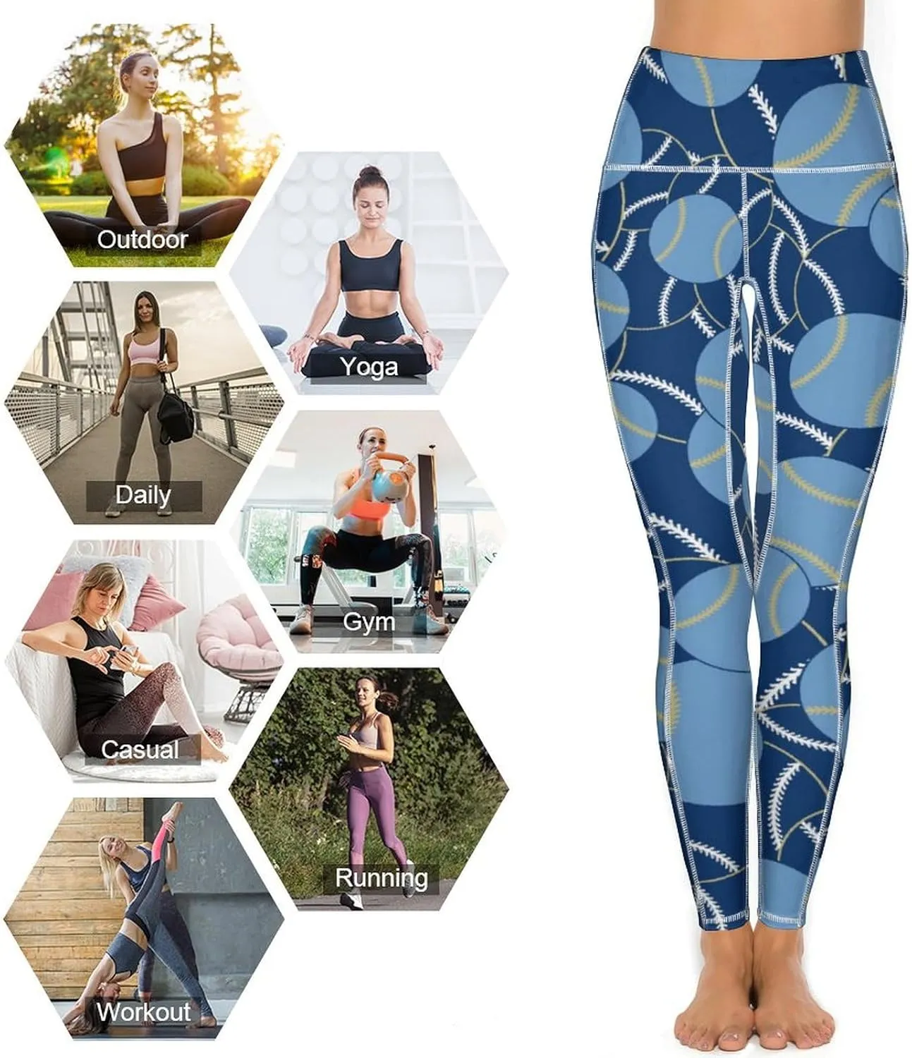 Women's Baseball High Waist Yoga Leggings with 2 Pockets Tummy Control Workout Yoga Pants