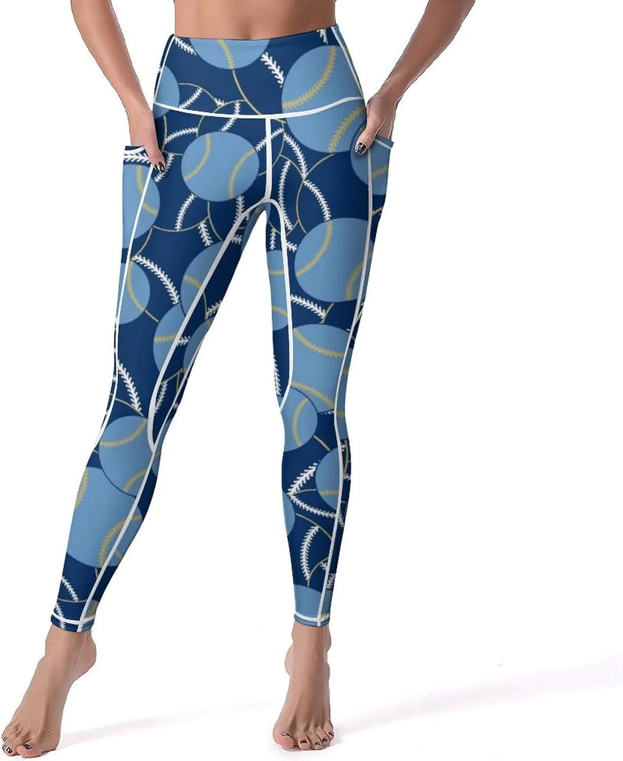 Women's Baseball High Waist Yoga Leggings with 2 Pockets Tummy Control Workout Yoga Pants
