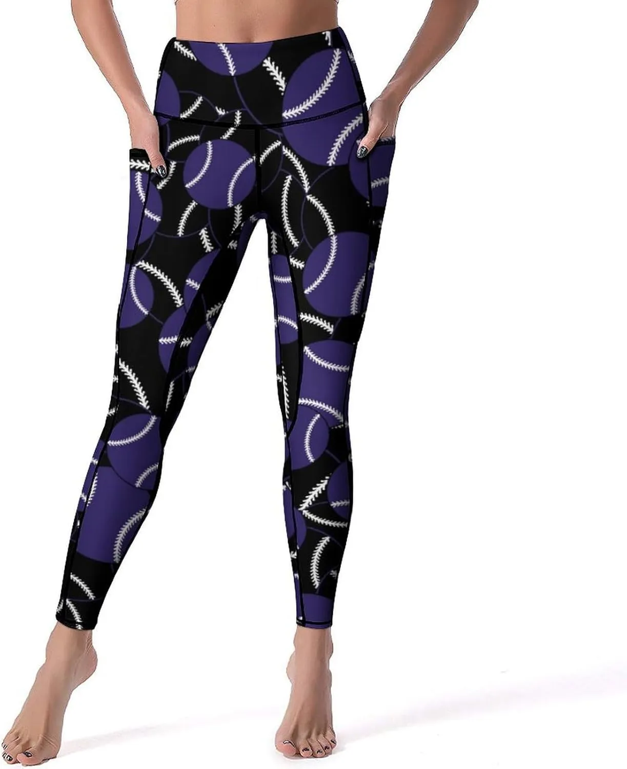 Women's Baseball High Waist Yoga Leggings with 2 Pockets Tummy Control Workout Yoga Pants