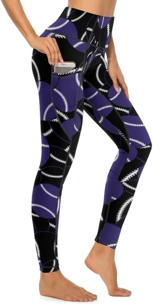 Women's Baseball High Waist Yoga Leggings with 2 Pockets Tummy Control Workout Yoga Pants