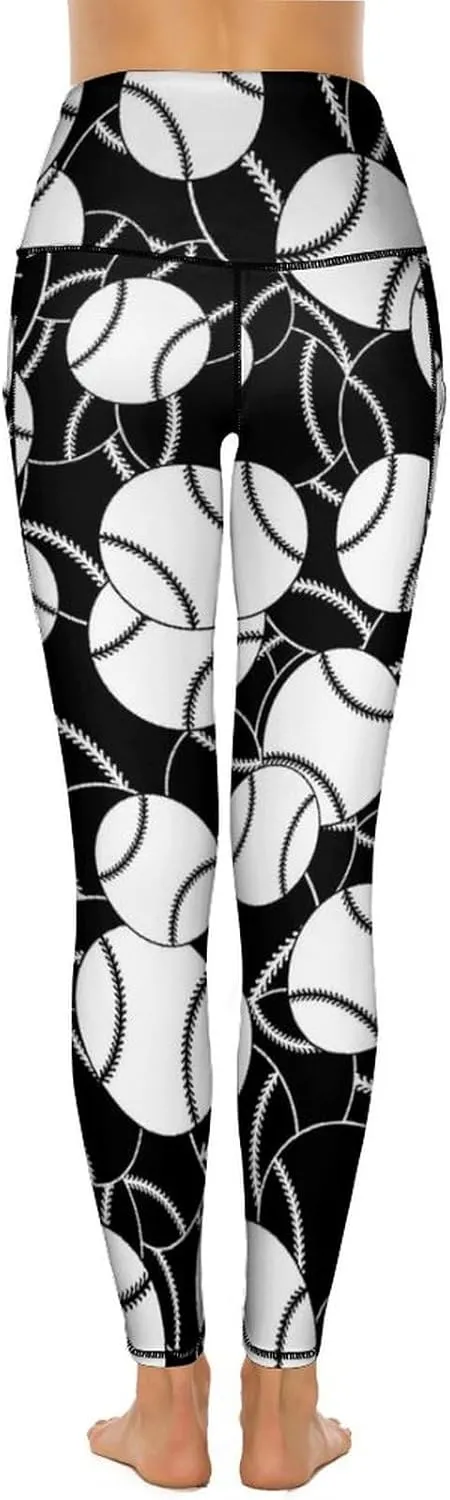 Women's Baseball High Waist Yoga Leggings with 2 Pockets Tummy Control Workout Yoga Pants