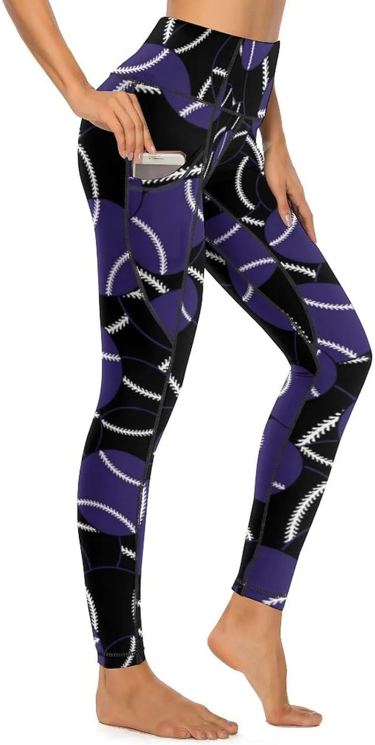 Women's Baseball High Waist Yoga Leggings with 2 Pockets Tummy Control Workout Yoga Pants