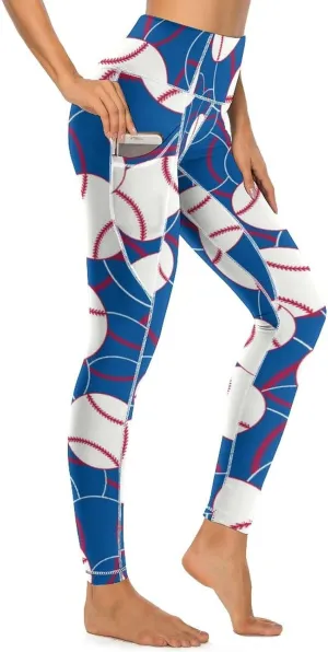Women's Baseball High Waist Yoga Leggings with 2 Pockets Tummy Control Workout Yoga Pants