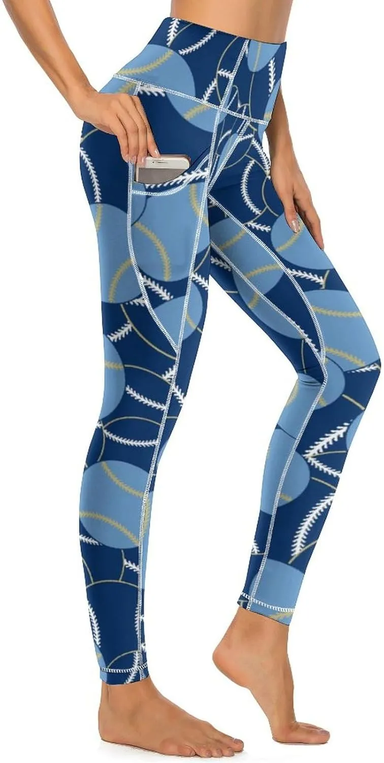 Women's Baseball High Waist Yoga Leggings with 2 Pockets Tummy Control Workout Yoga Pants