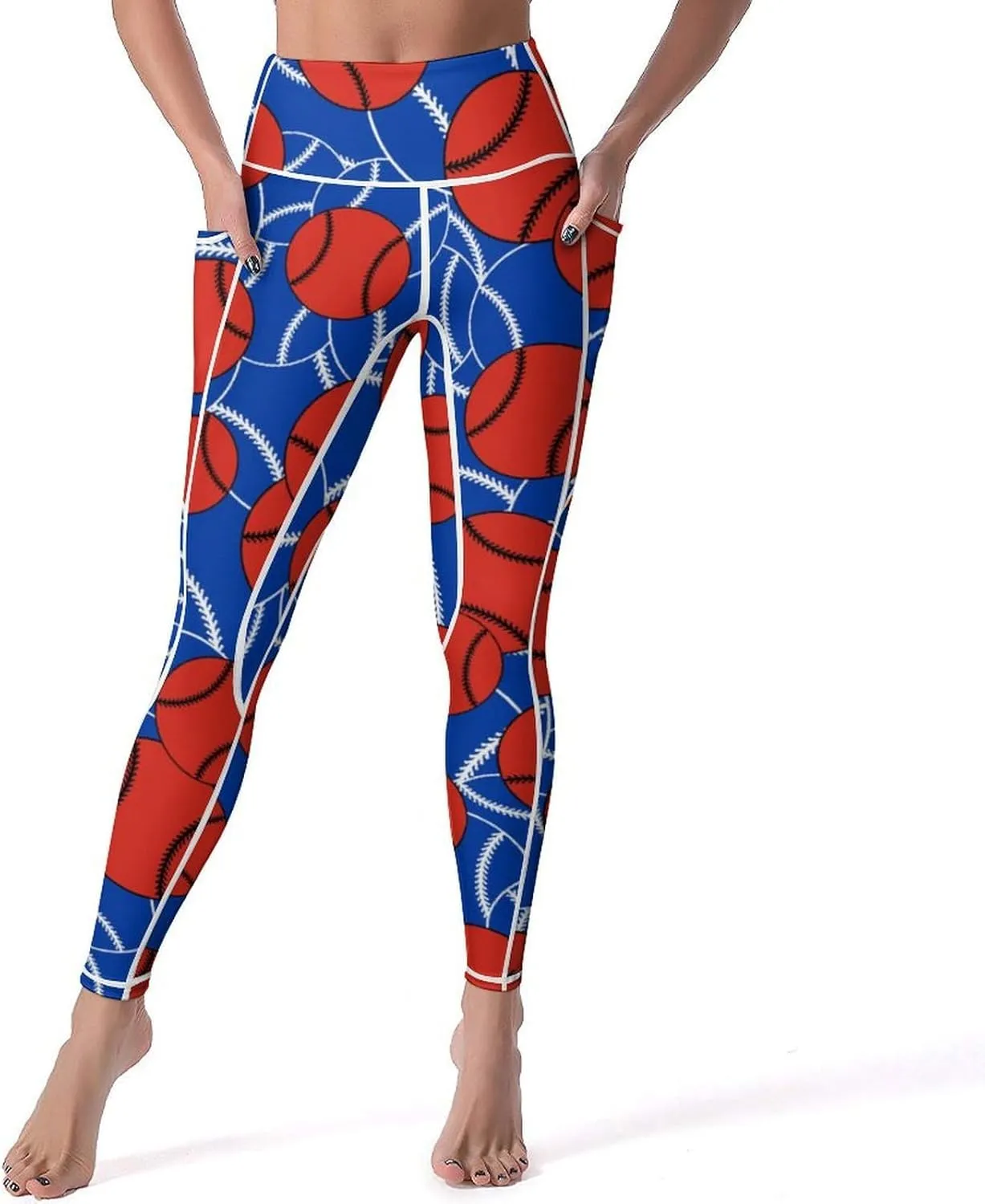 Women's Baseball High Waist Yoga Leggings with 2 Pockets Tummy Control Workout Yoga Pants